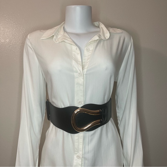 Black elastic waistband belt with gold tone buckle - Picture 3 of 10